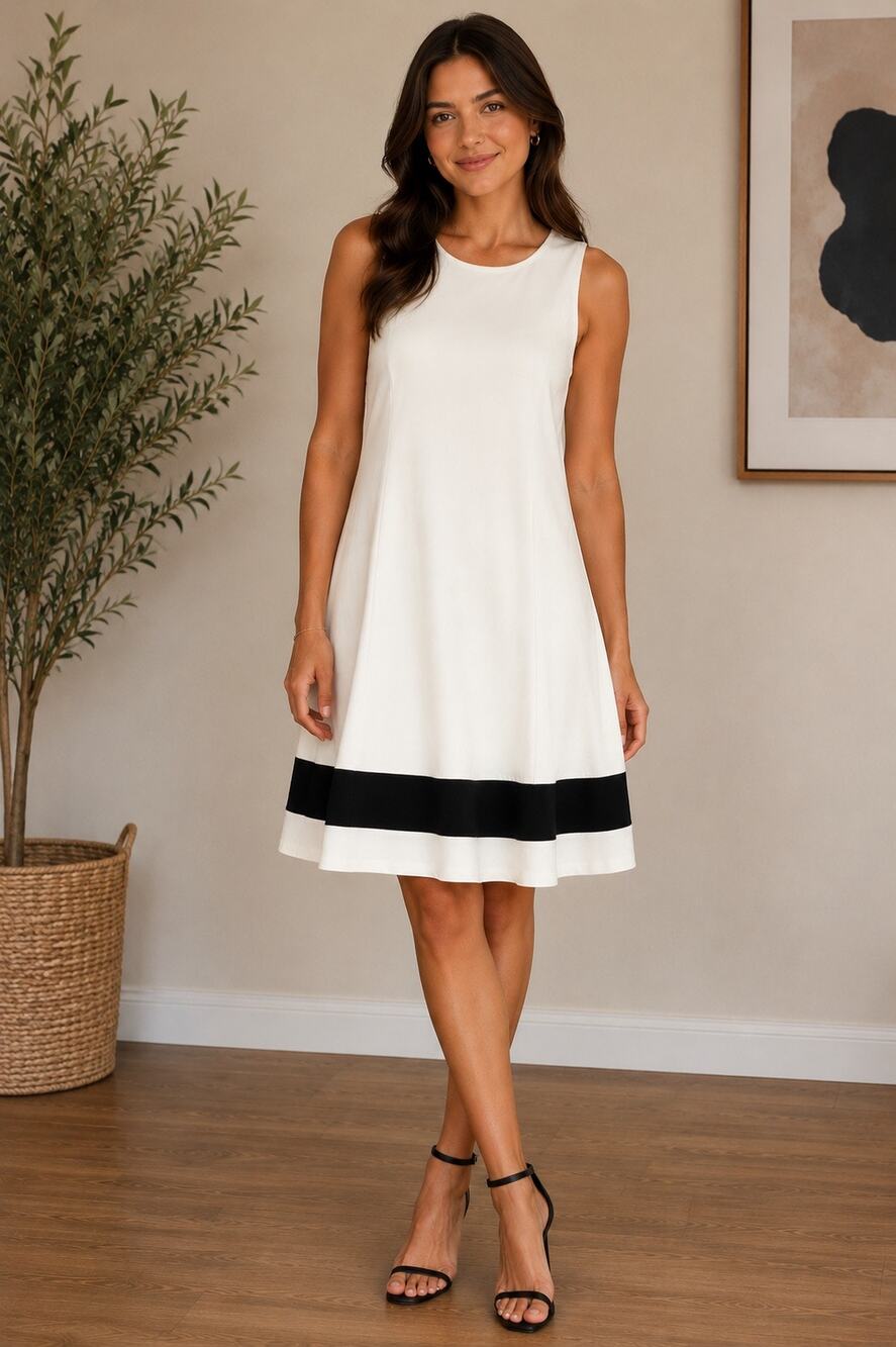 New York & Company White Black Hem‎ Swing Dress Sleeveless A-Line Medium NWT